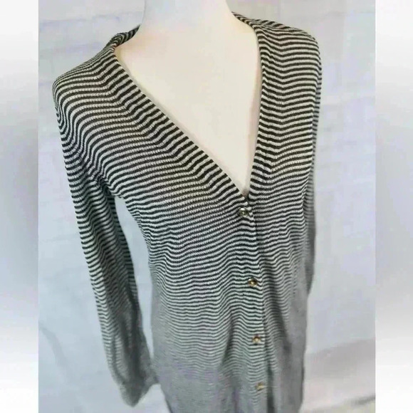 NEW LOFT Maxi Cardigan Women Size M Petite Green Striped Long Sleeve Knit Light - Picture 2 of 16